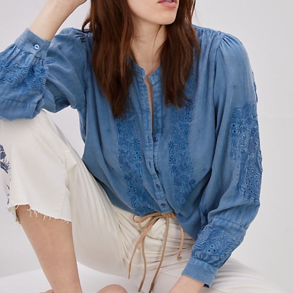Anthropologie Tops - Anthropologie 🔅 | Seen Worn Kept Embroidered Buttondown in Blue